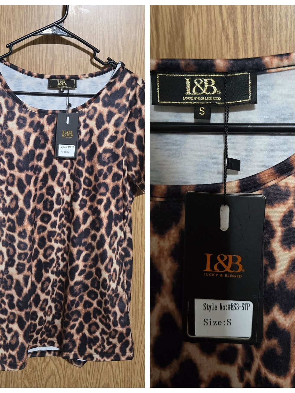 L&B Women's Leopard Print Short Sleeve Top - Brown & Black